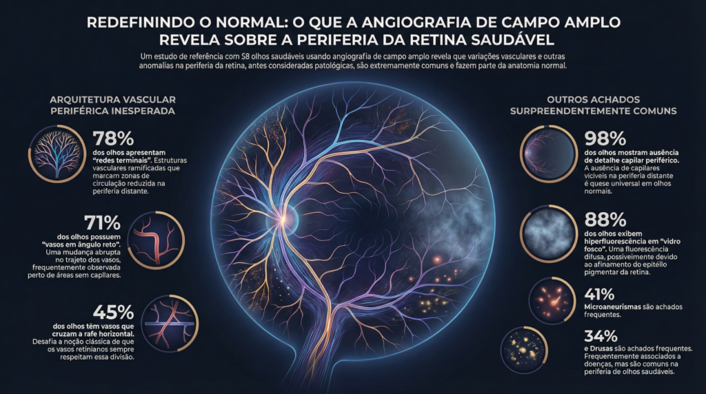 Exame de angiografia de campo amplo mostrando vasos e capilares na periferia da retina.